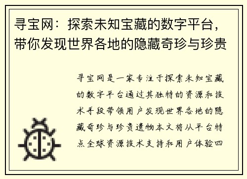 寻宝网：探索未知宝藏的数字平台，带你发现世界各地的隐藏奇珍与珍贵遗物